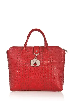 Red Leather Handbag Detachable Shoulder Strap Croc Embossed Made In Italy Large