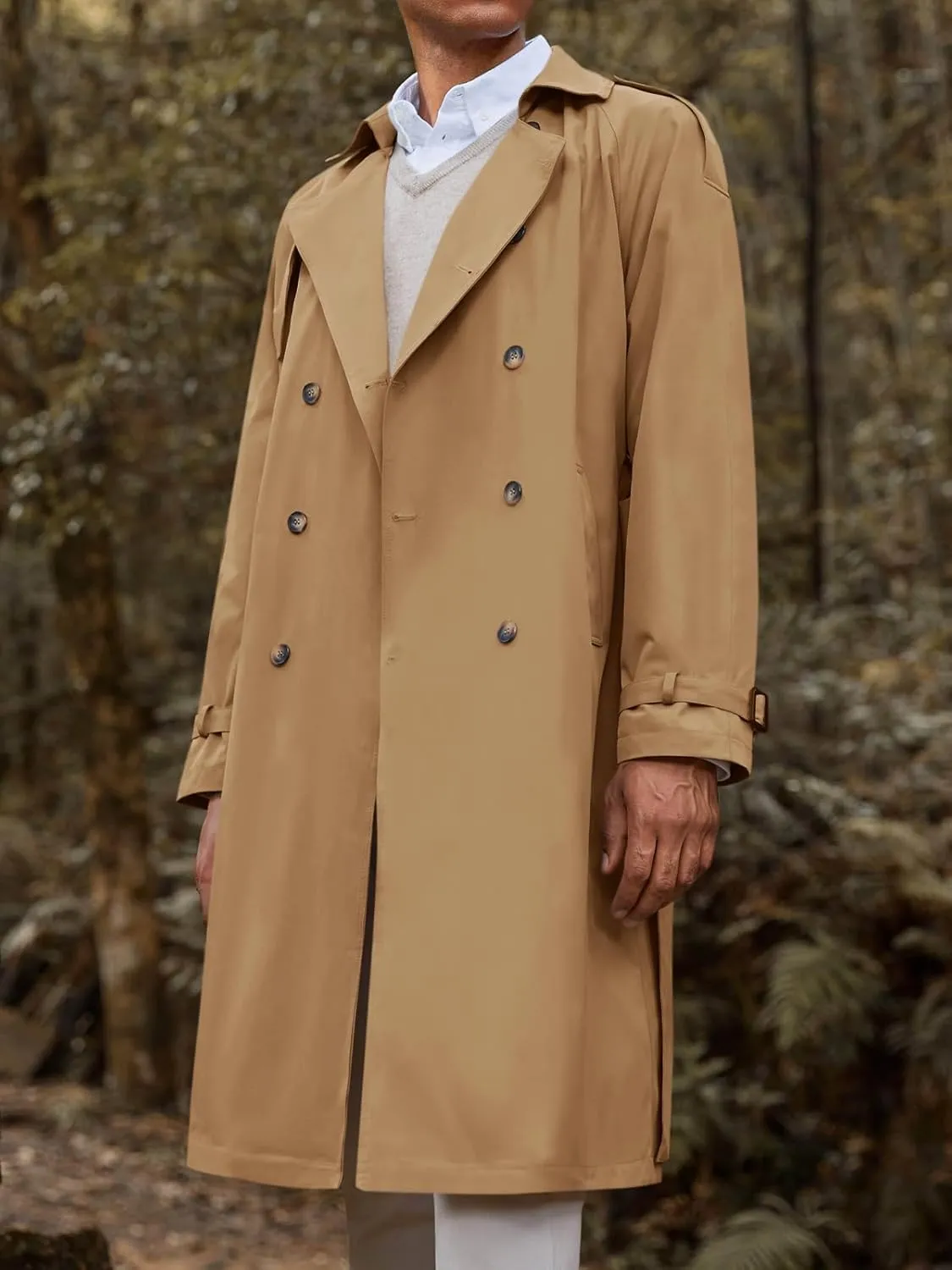 Runcati Mens Trench Coat Double Breasted Long Jacket Casual Windbreaker Notched Lapel Belted Overcoat