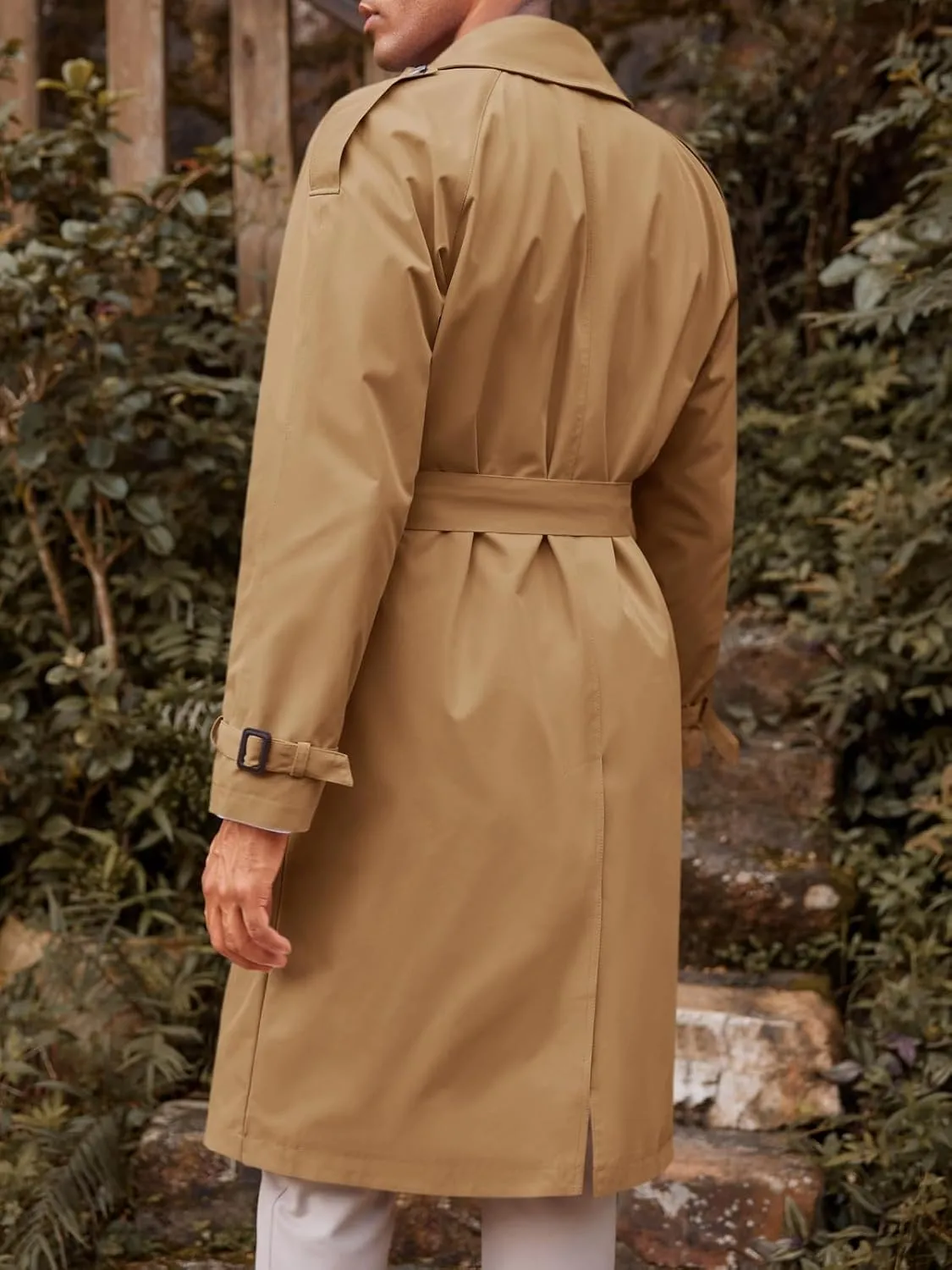 Runcati Mens Trench Coat Double Breasted Long Jacket Casual Windbreaker Notched Lapel Belted Overcoat