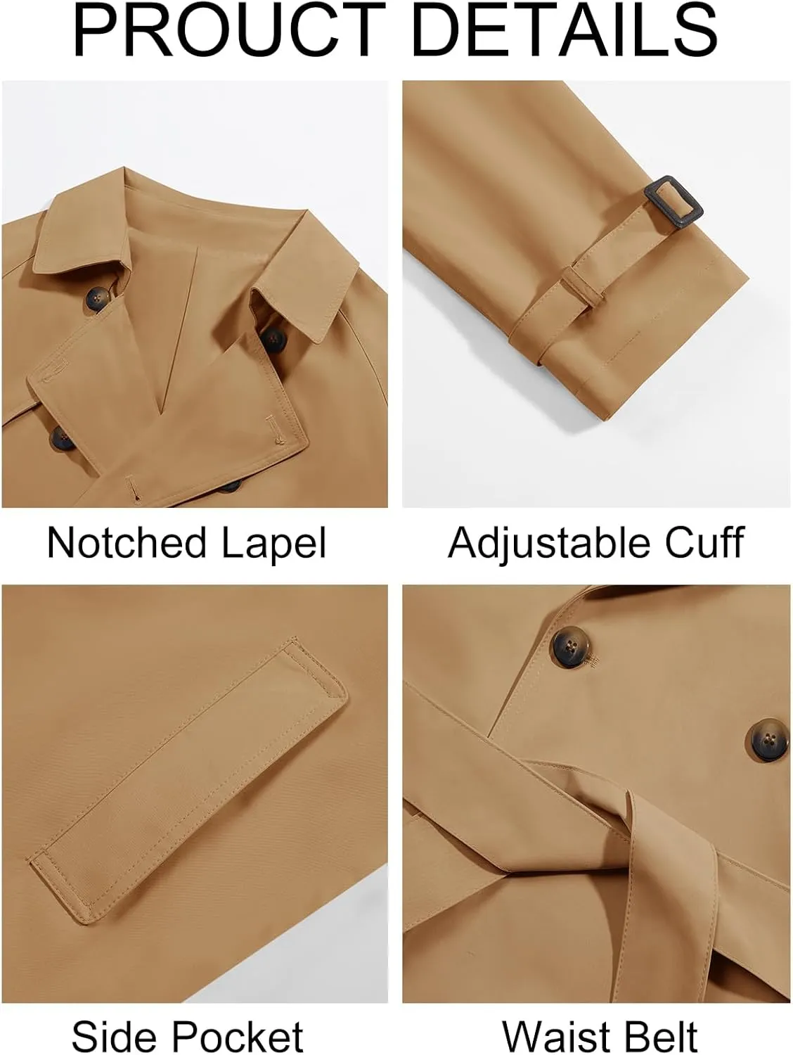 Runcati Mens Trench Coat Double Breasted Long Jacket Casual Windbreaker Notched Lapel Belted Overcoat