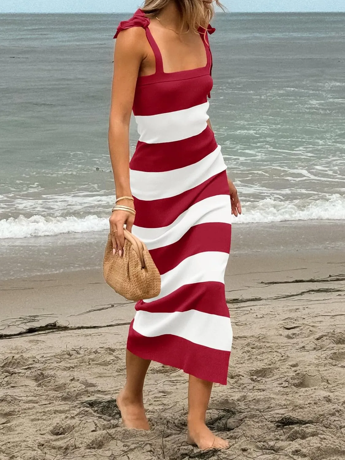 Saodimallsu Womens Summer Sleeveless Bodycon Sweater Dress Striped Knit Tie Square Neck Side Slit Midi Tank Dresses