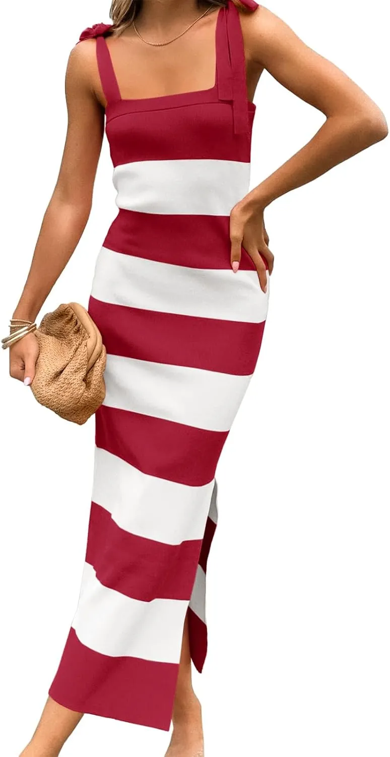 Saodimallsu Womens Summer Sleeveless Bodycon Sweater Dress Striped Knit Tie Square Neck Side Slit Midi Tank Dresses
