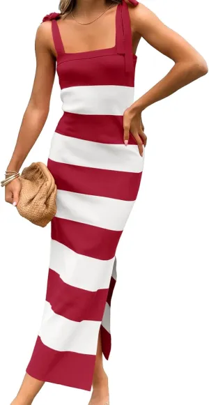 Saodimallsu Womens Summer Sleeveless Bodycon Sweater Dress Striped Knit Tie Square Neck Side Slit Midi Tank Dresses