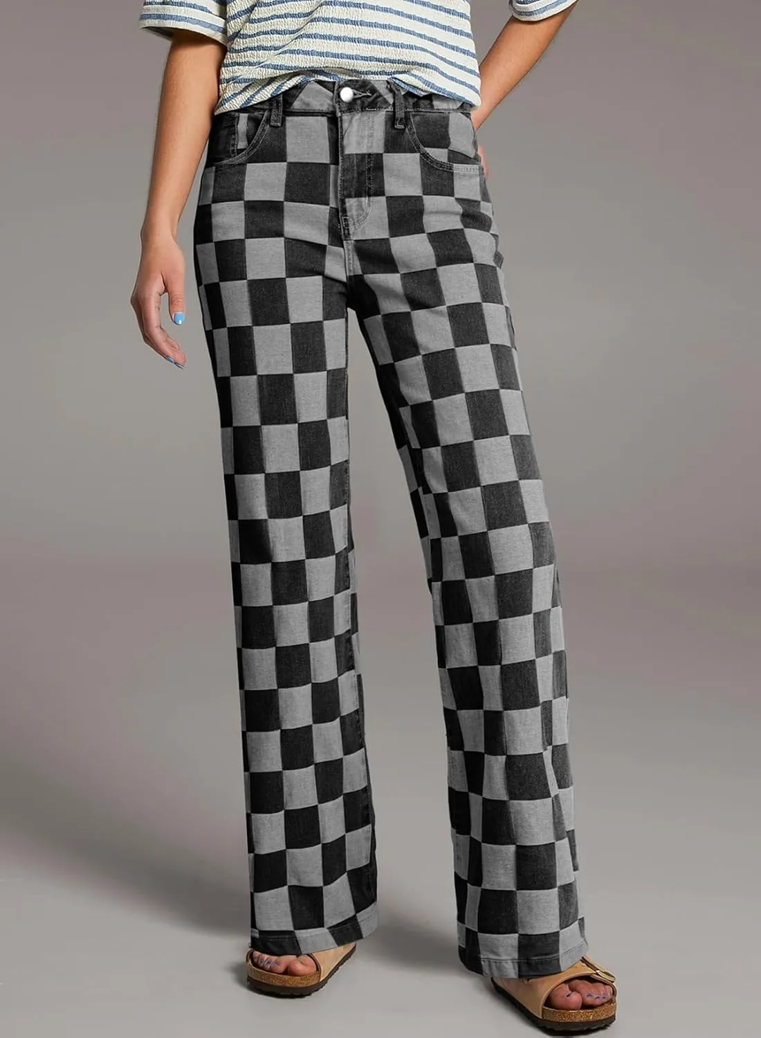 Sidefeel Women's Wide Leg Jeans High Waisted Stretchy Straight Leg Checkered Loose Denim Pants