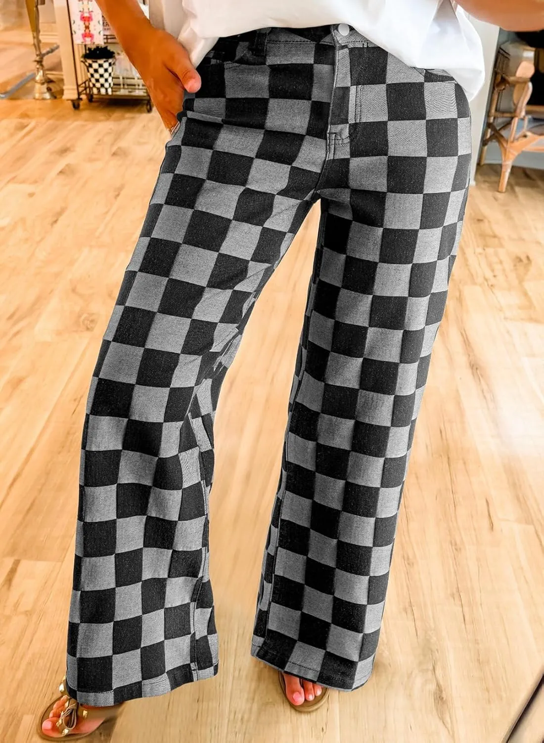 Sidefeel Women's Wide Leg Jeans High Waisted Stretchy Straight Leg Checkered Loose Denim Pants