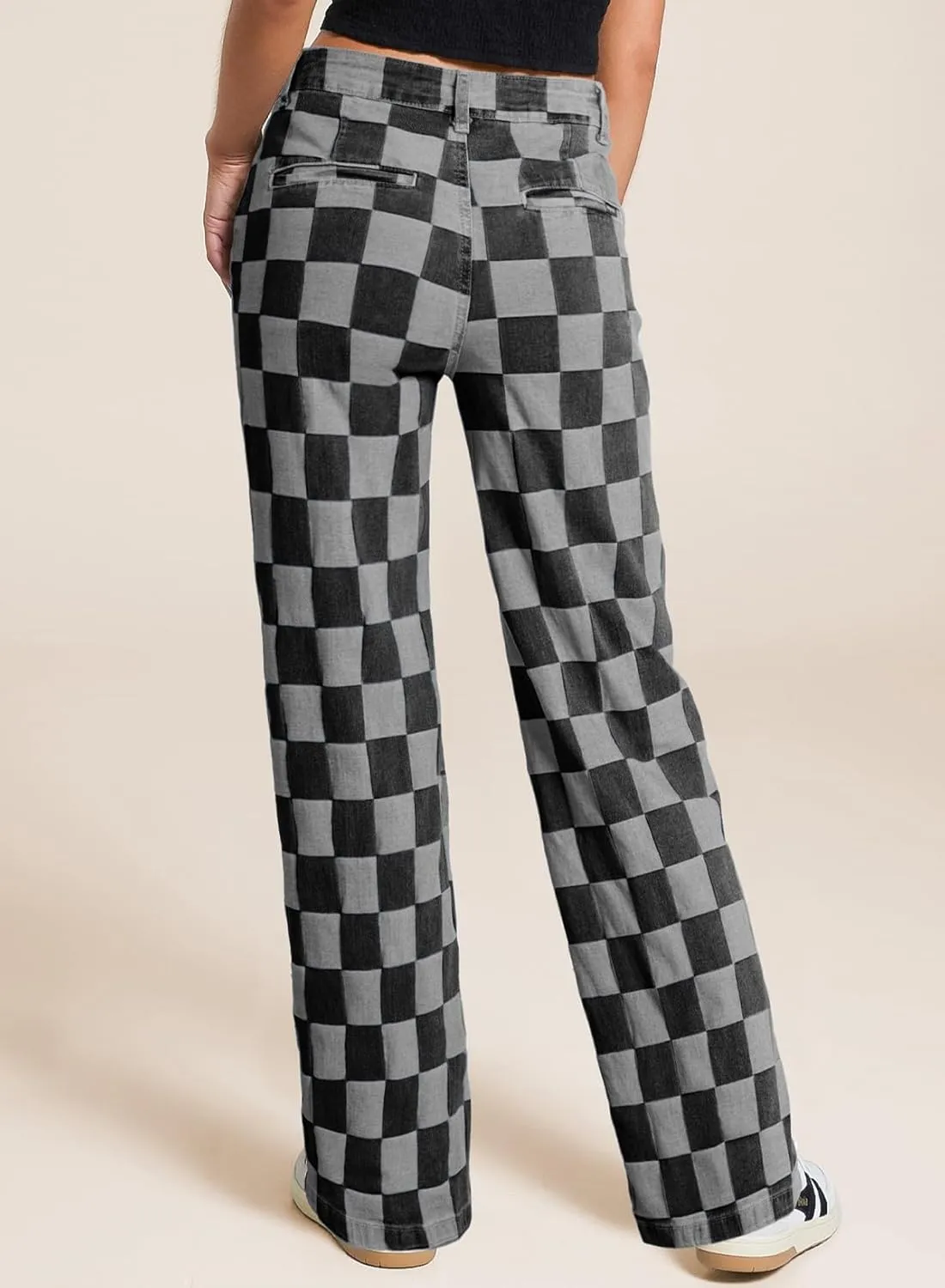 Sidefeel Women's Wide Leg Jeans High Waisted Stretchy Straight Leg Checkered Loose Denim Pants
