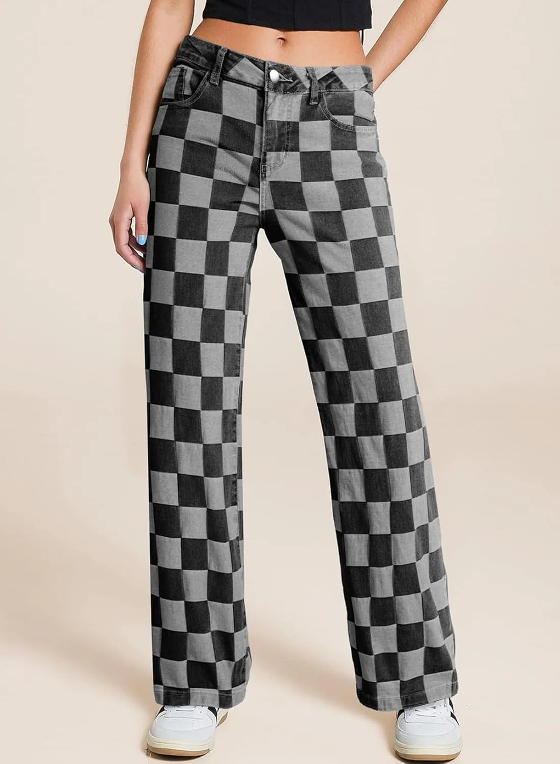 Sidefeel Women's Wide Leg Jeans High Waisted Stretchy Straight Leg Checkered Loose Denim Pants