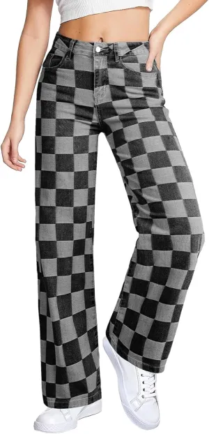 Sidefeel Women's Wide Leg Jeans High Waisted Stretchy Straight Leg Checkered Loose Denim Pants