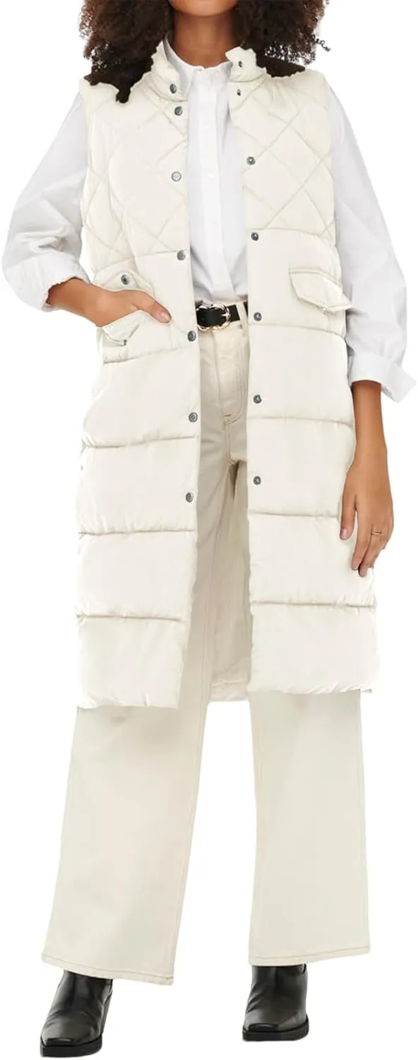 Tankaneo Women's Long Puffer Vest Cotton Stand Collar Button Sleeveless Puffy Jacket Outerwear
