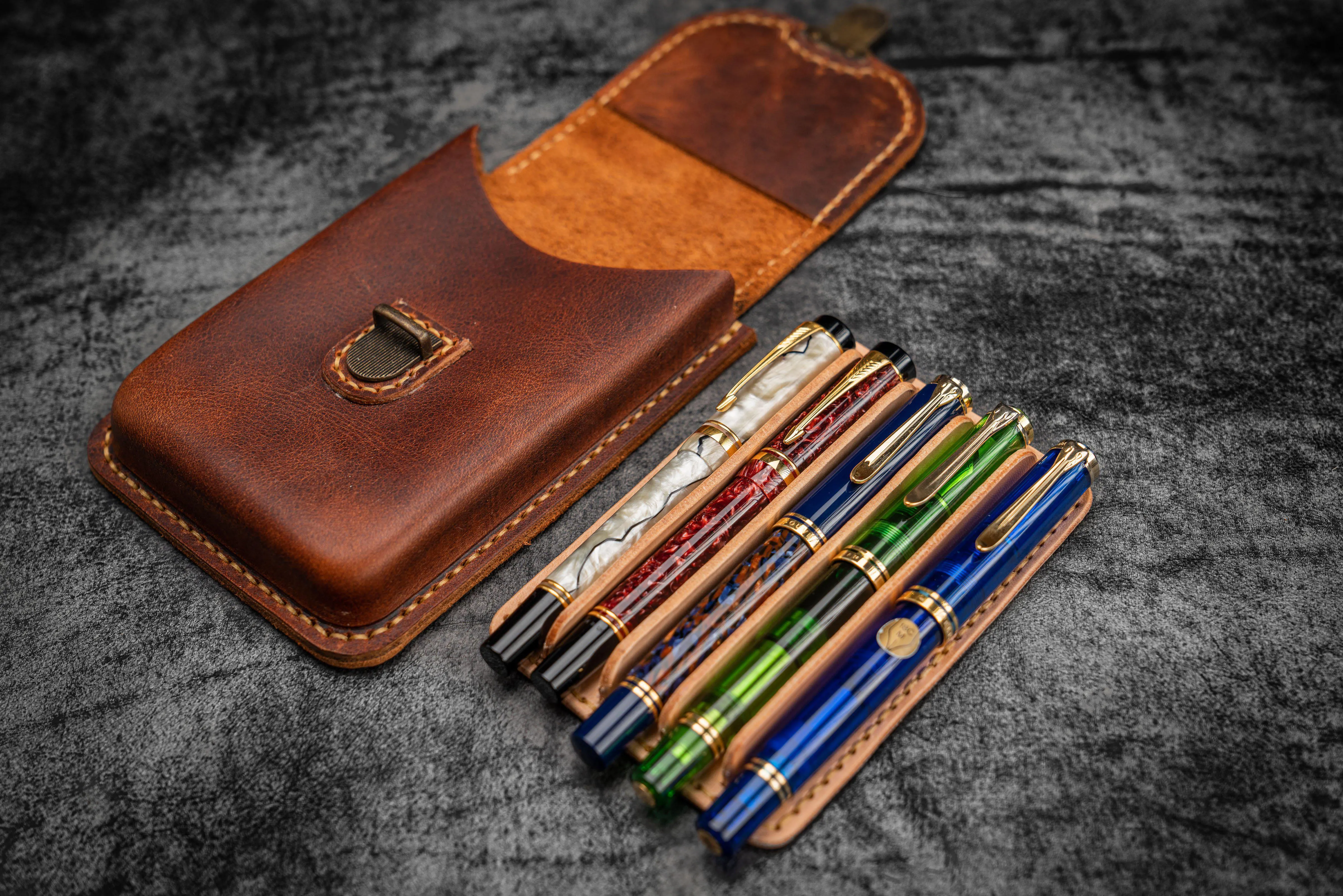 The Old School - Leather Molded Pen Case for 5 Pens - Distressed Leather