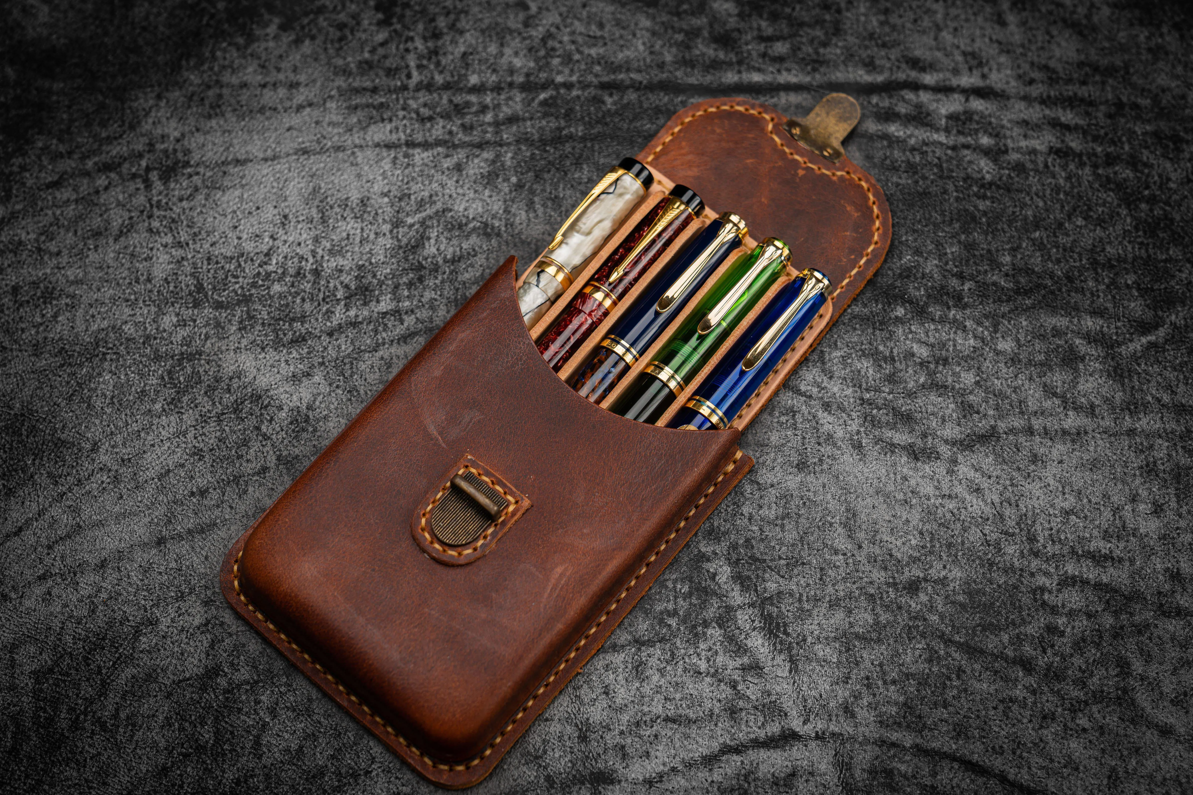The Old School - Leather Molded Pen Case for 5 Pens - Distressed Leather