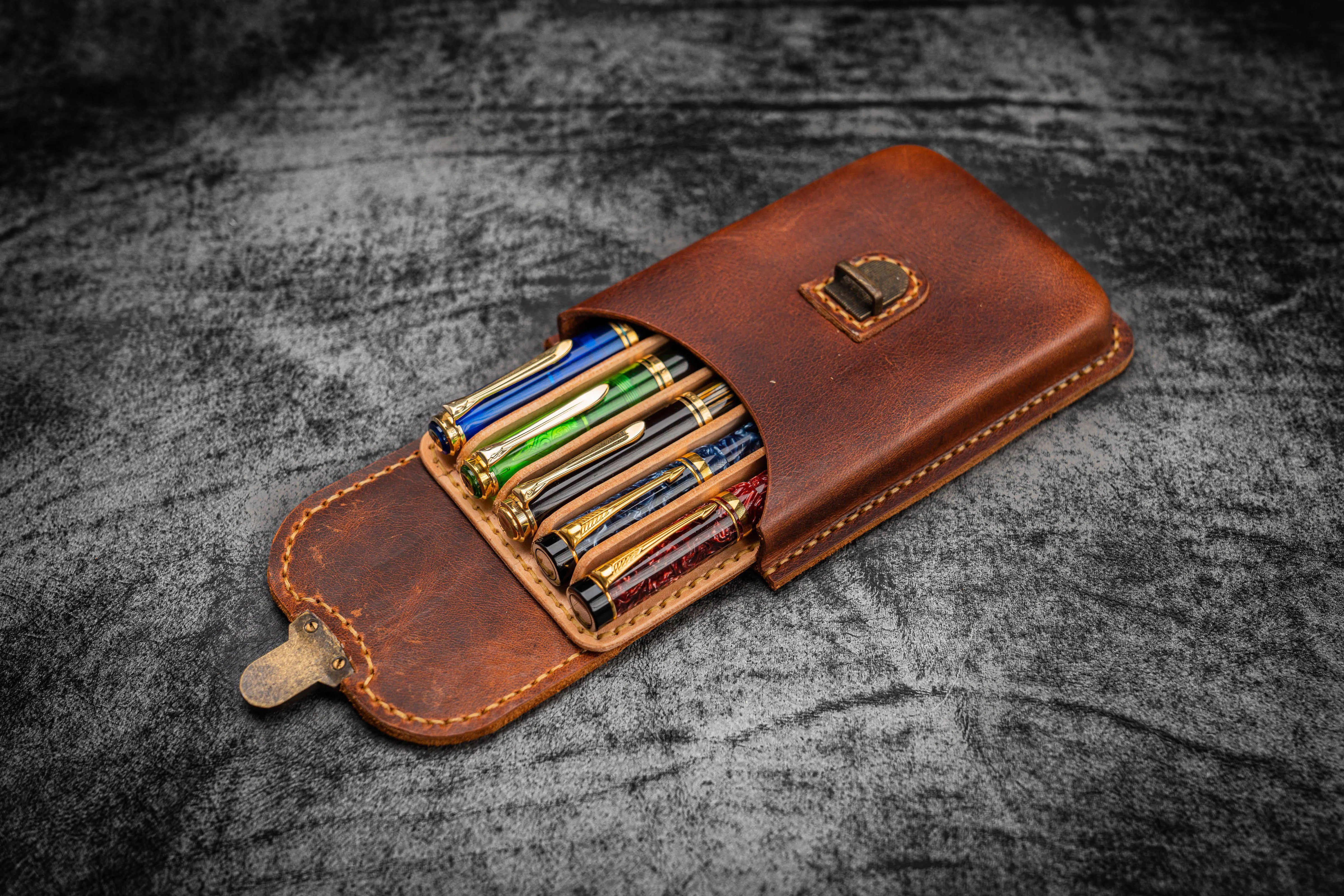 The Old School - Leather Molded Pen Case for 5 Pens - Distressed Leather