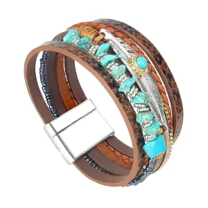 Turquoise Bracelet for Women, Boho Western Bracelet for Turquoise Jewelry, Leather Wrap Multi-Layer Turquoise Bracelet Bangle Jewelry (Brown)