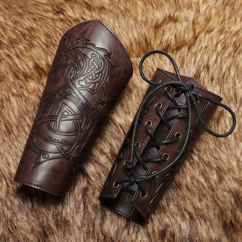 Viking Arm Bracers Leather Armor Cuffs LARP Bracers Embossed Arm Guards Nordic Talisman Amulet for Men Women Gifts One Pair