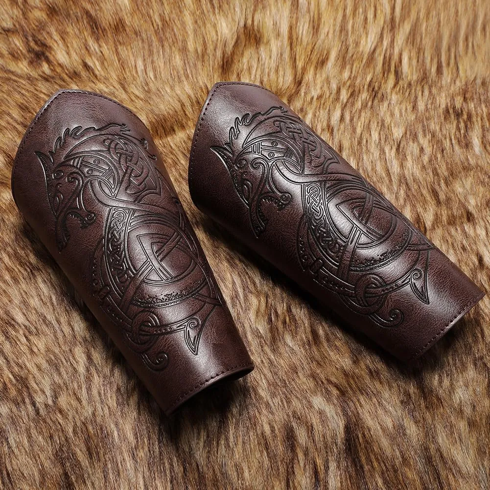 Viking Arm Bracers Leather Armor Cuffs LARP Bracers Embossed Arm Guards Nordic Talisman Amulet for Men Women Gifts One Pair