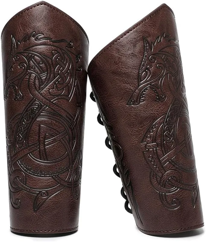 Viking Arm Bracers Leather Armor Cuffs LARP Bracers Embossed Arm Guards Nordic Talisman Amulet for Men Women Gifts One Pair