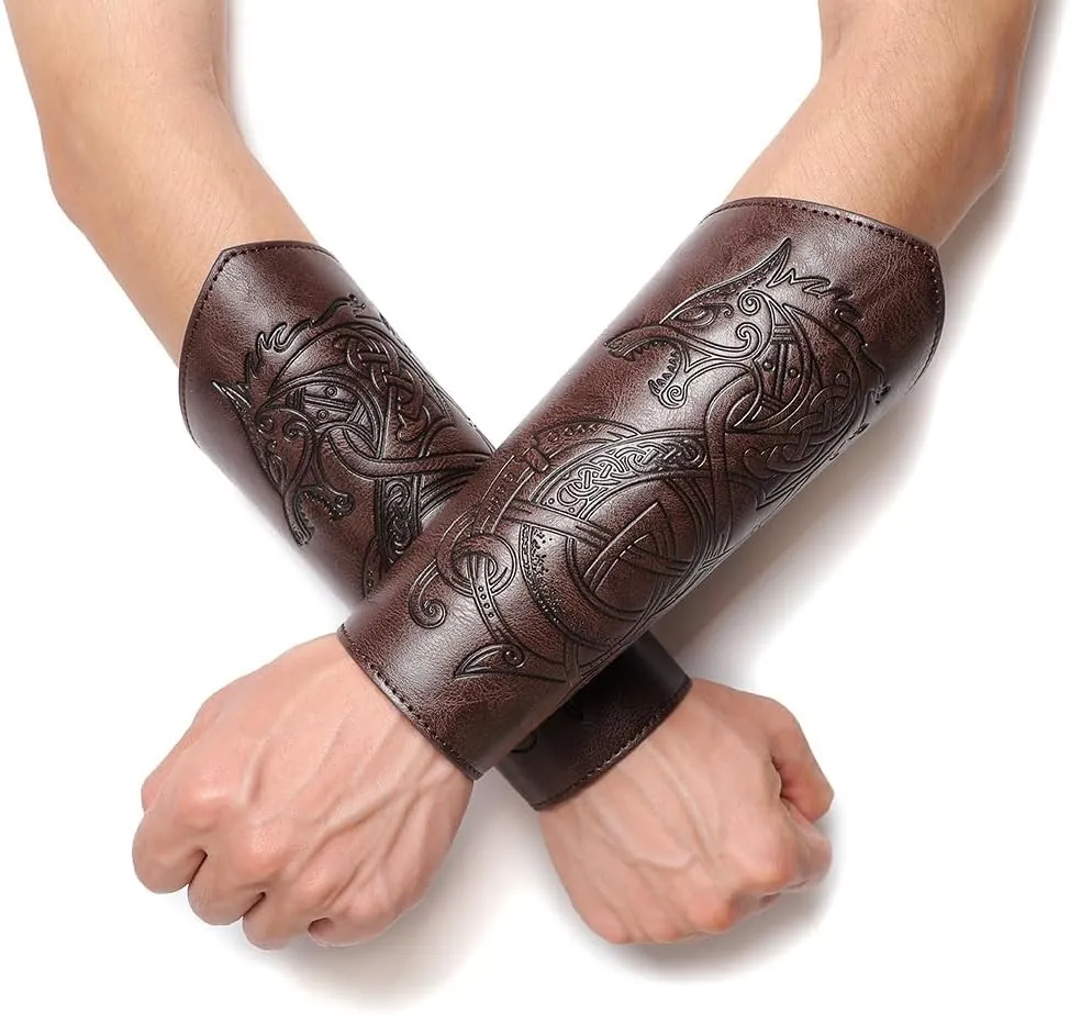 Viking Arm Bracers Leather Armor Cuffs LARP Bracers Embossed Arm Guards Nordic Talisman Amulet for Men Women Gifts One Pair