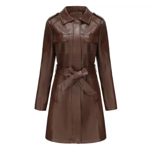 Vintage Collared Epaulette Long Sleeve Zip Up Belted Faux Leather Trench Coat