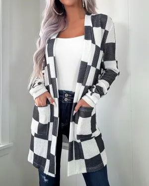 Waffle Knit Checkered Kimono - Black