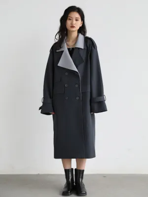 Wjczt Women Trench Solid Loose Contrast Double Collar Double Breasted Long Women's Windbreaker Coat Office Lady Spring 2022