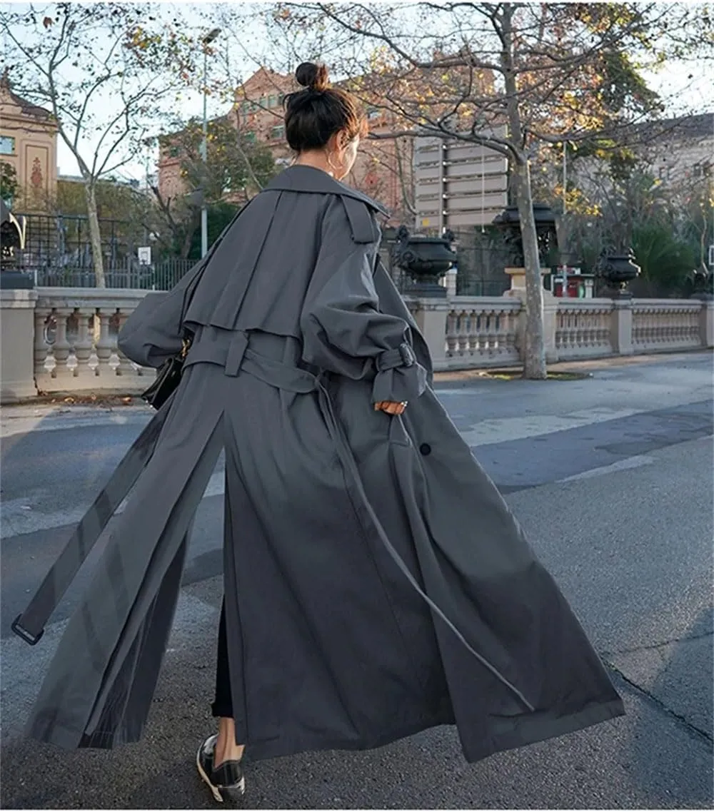 Women Fall Solid Lapel Long Oversized Casual Trench Coat Belt Double Breasted Loose Trenchcoats