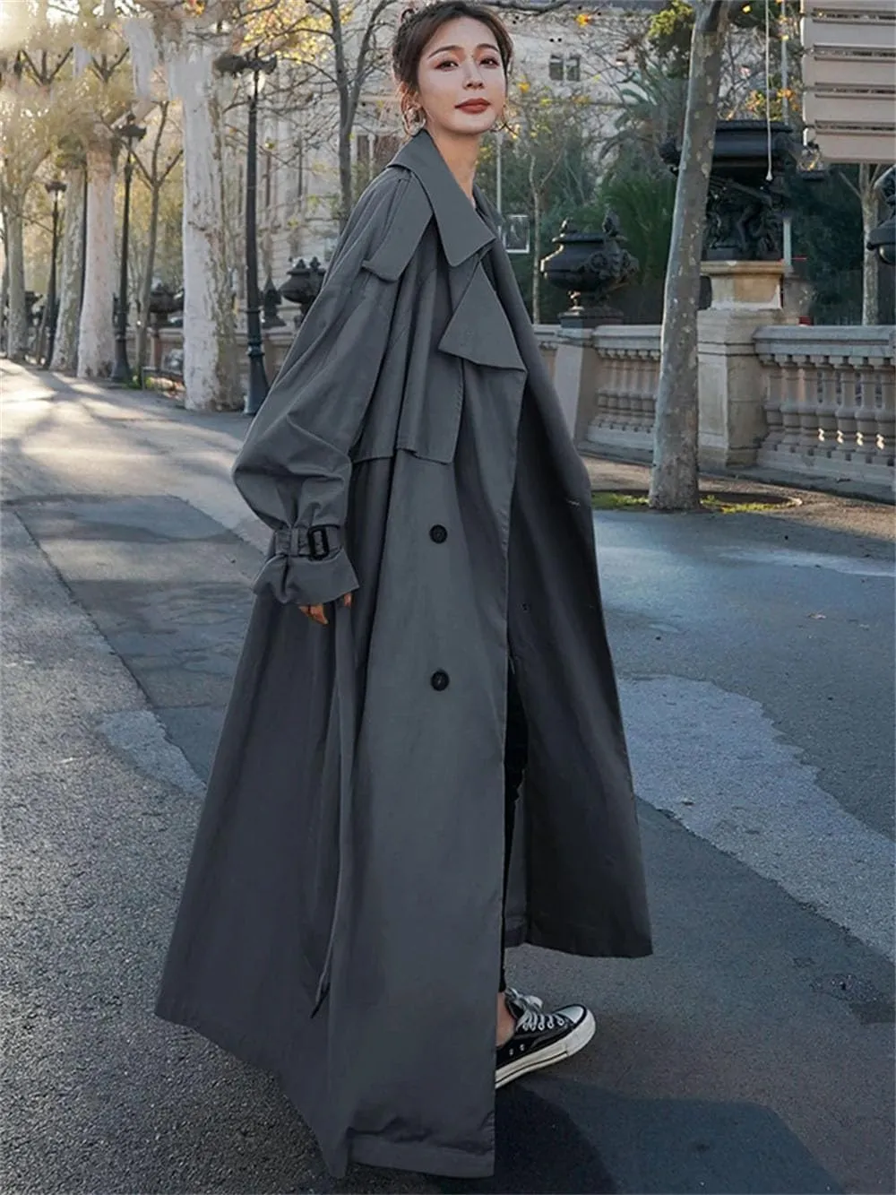 Women Fall Solid Lapel Long Oversized Casual Trench Coat Belt Double Breasted Loose Trenchcoats