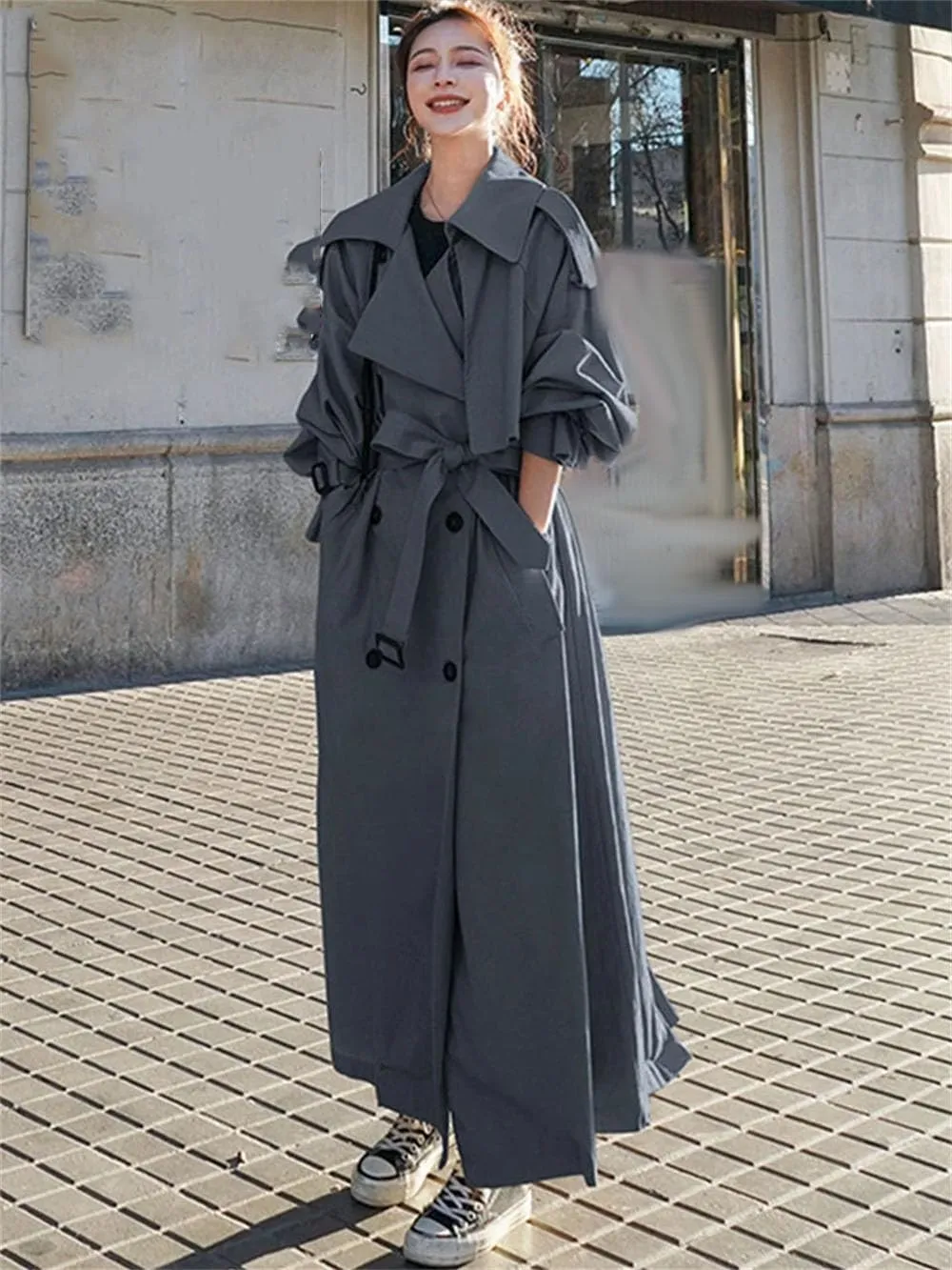 Women Fall Solid Lapel Long Oversized Casual Trench Coat Belt Double Breasted Loose Trenchcoats