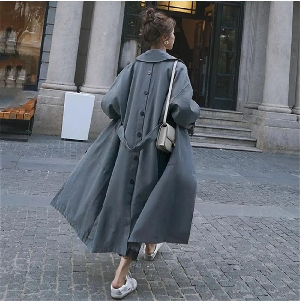 Women Fall Solid Lapel Long Oversized Casual Trench Coat Belt Double Breasted Loose Trenchcoats