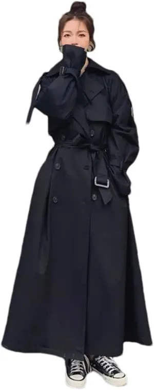 Women Fall Solid Lapel Long Oversized Casual Trench Coat Belt Double Breasted Loose Trenchcoats