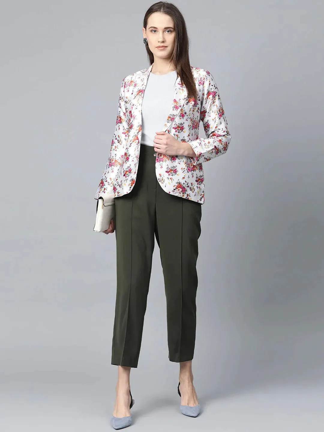 Women Grey & Pink Satin Floral Print Single-Breasted Casual Blazer