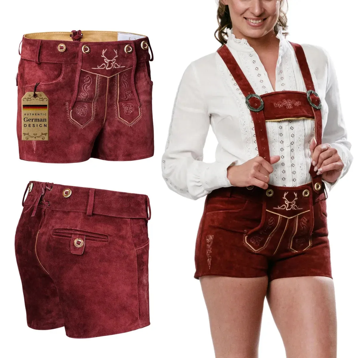 Women Lederhosen Hot Pants Cherry Red