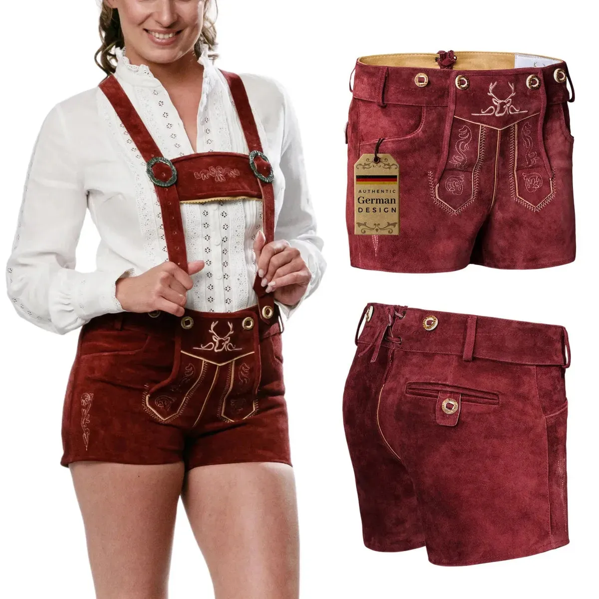 Women Lederhosen Hot Pants Cherry Red