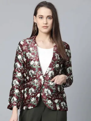 Women Maroon & Green Satin Floral Print Single-Breasted Casual Blazer