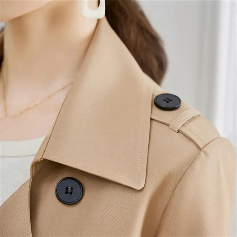 Women Solid Trench Coat Lapel Double Breasted Solid Slim Classic Long Sleeves Belt Office Overcoat