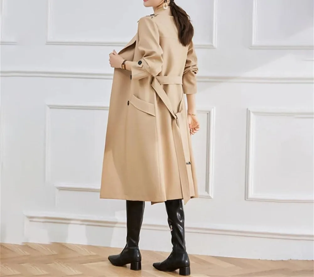 Women Solid Trench Coat Lapel Double Breasted Solid Slim Classic Long Sleeves Belt Office Overcoat