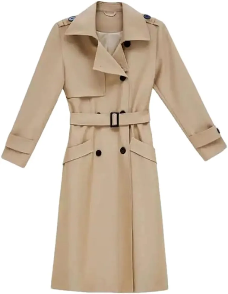 Women Solid Trench Coat Lapel Double Breasted Solid Slim Classic Long Sleeves Belt Office Overcoat