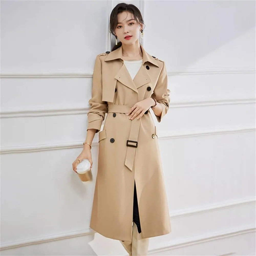 Women Solid Trench Coat Lapel Double Breasted Solid Slim Classic Long Sleeves Belt Office Overcoat