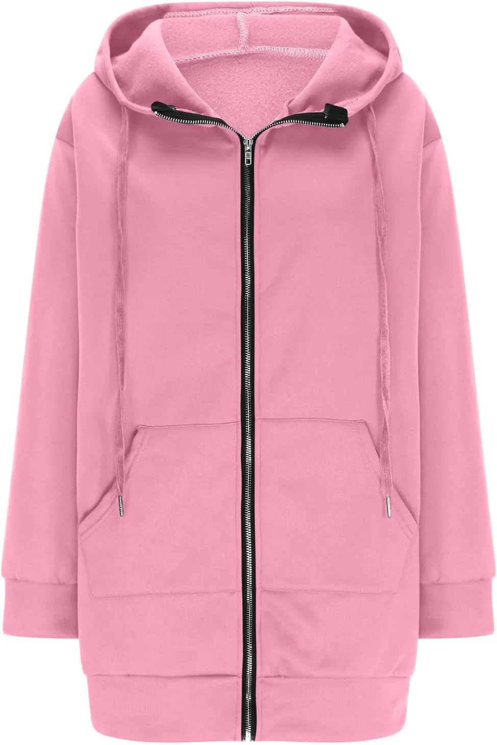 Womens Longline Hoodie Fall Winter Full Zip up Drawstring Sweatshirt Ladies Knee Length Pullover Hooded Jacket Pocket