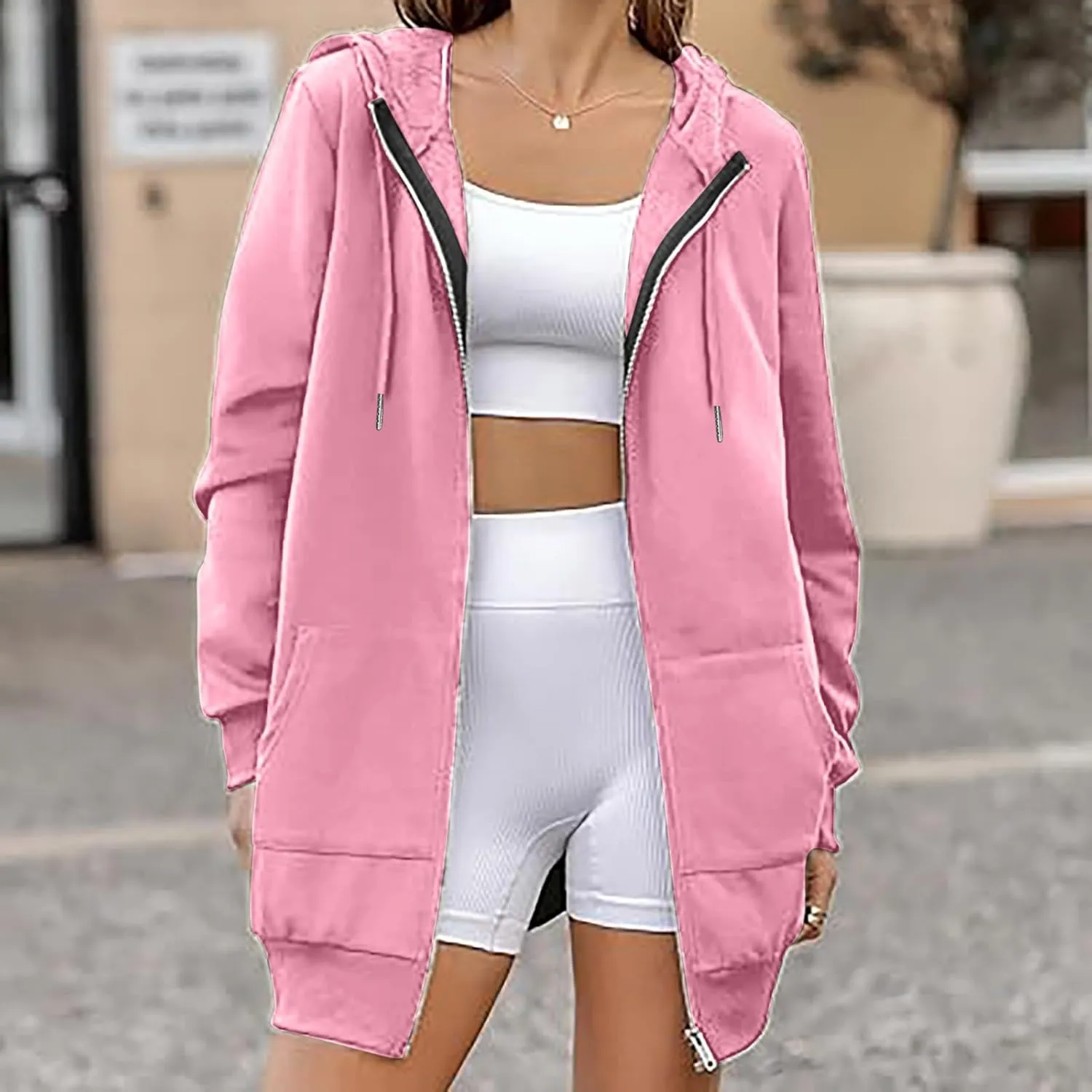 Womens Longline Hoodie Fall Winter Full Zip up Drawstring Sweatshirt Ladies Knee Length Pullover Hooded Jacket Pocket