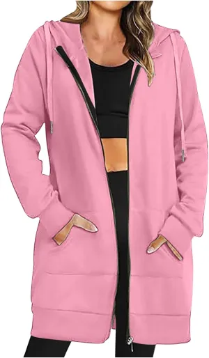 Womens Longline Hoodie Fall Winter Full Zip up Drawstring Sweatshirt Ladies Knee Length Pullover Hooded Jacket Pocket