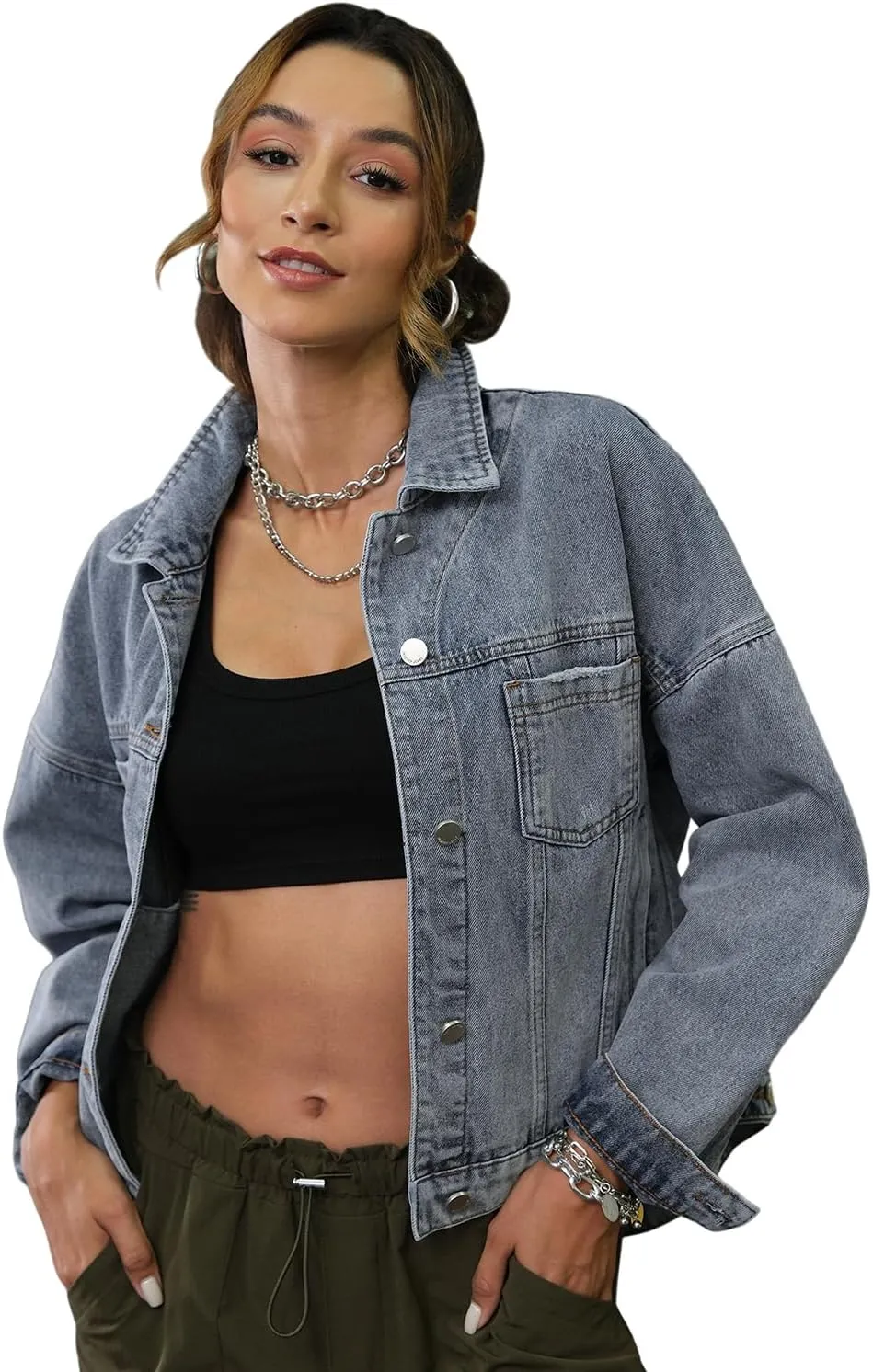 Womens Opal Swing Denim Jacket Distressed Ripped Button Front Jean Jackets with Pockets Y2K Clothing