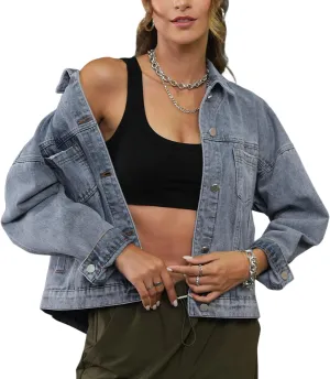 Womens Opal Swing Denim Jacket Distressed Ripped Button Front Jean Jackets with Pockets Y2K Clothing