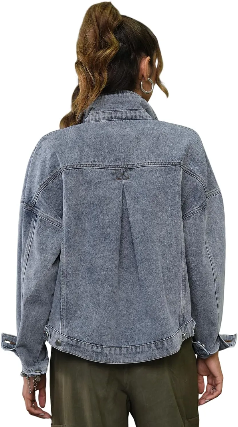 Womens Opal Swing Denim Jacket Distressed Ripped Button Front Jean Jackets with Pockets Y2K Clothing