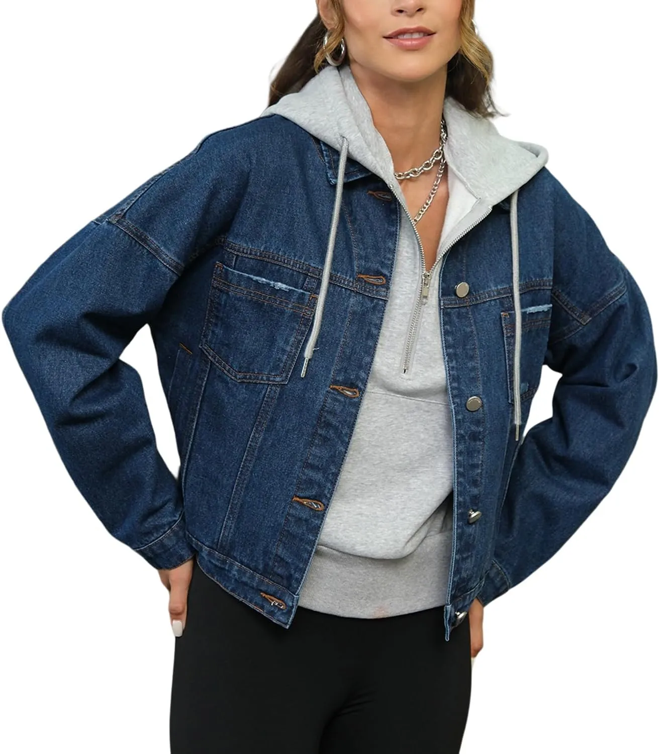 Womens Opal Swing Denim Jacket Distressed Ripped Button Front Jean Jackets with Pockets Y2K Clothing