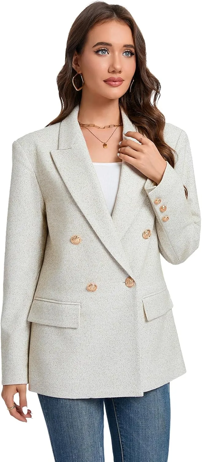 Women's Oversized Tweed Blazer - Double Breasted Casual Business Jacket, Long Sleeve, Lightweight, Lined, Trendy Office Wear