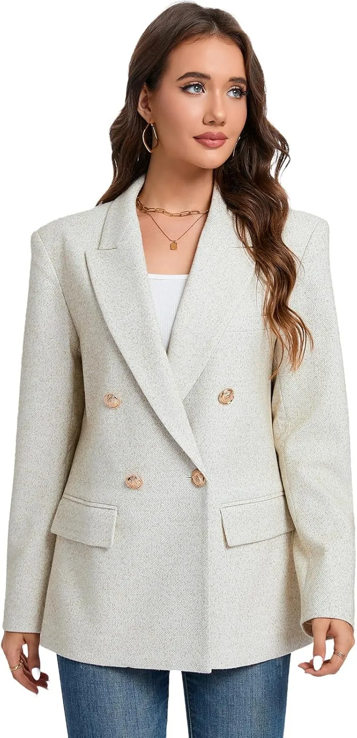 Women's Oversized Tweed Blazer - Double Breasted Casual Business Jacket, Long Sleeve, Lightweight, Lined, Trendy Office Wear