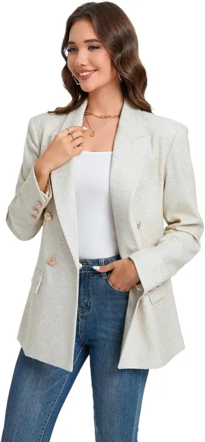 Women's Oversized Tweed Blazer - Double Breasted Casual Business Jacket, Long Sleeve, Lightweight, Lined, Trendy Office Wear