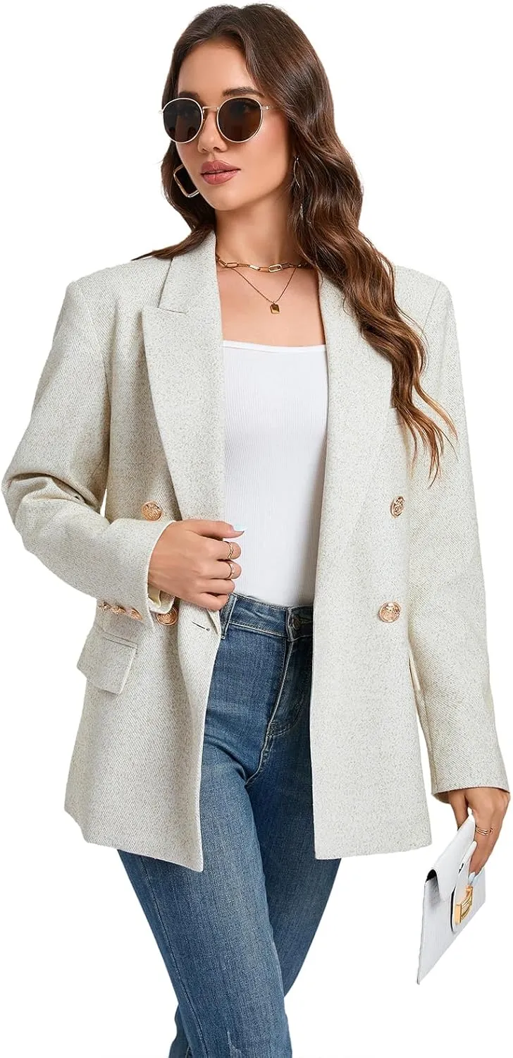 Women's Oversized Tweed Blazer - Double Breasted Casual Business Jacket, Long Sleeve, Lightweight, Lined, Trendy Office Wear