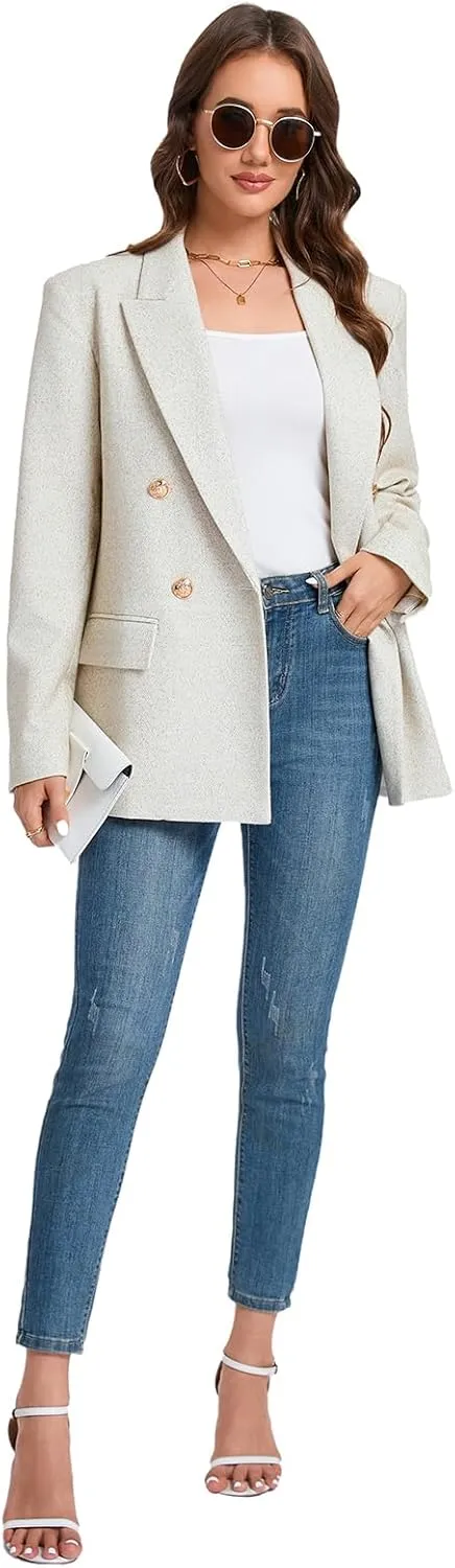 Women's Oversized Tweed Blazer - Double Breasted Casual Business Jacket, Long Sleeve, Lightweight, Lined, Trendy Office Wear