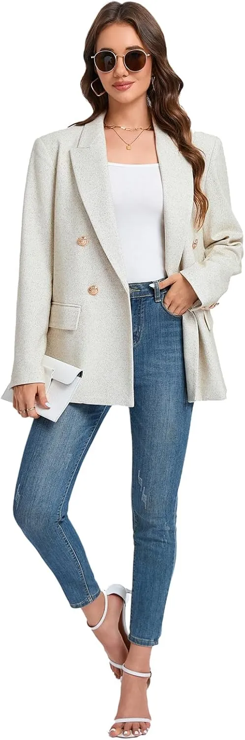 Women's Oversized Tweed Blazer - Double Breasted Casual Business Jacket, Long Sleeve, Lightweight, Lined, Trendy Office Wear